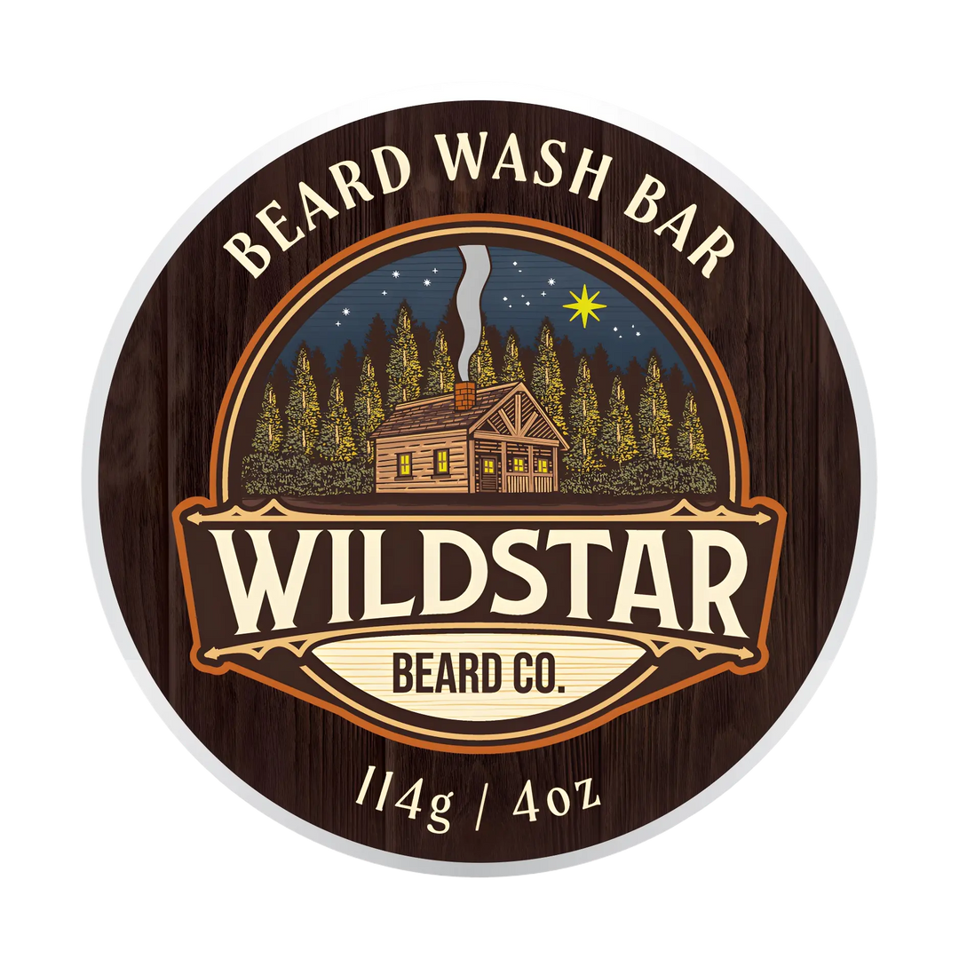 Wildstar Beard Co. beard wash bar packaging with cabin and forest design on a white background