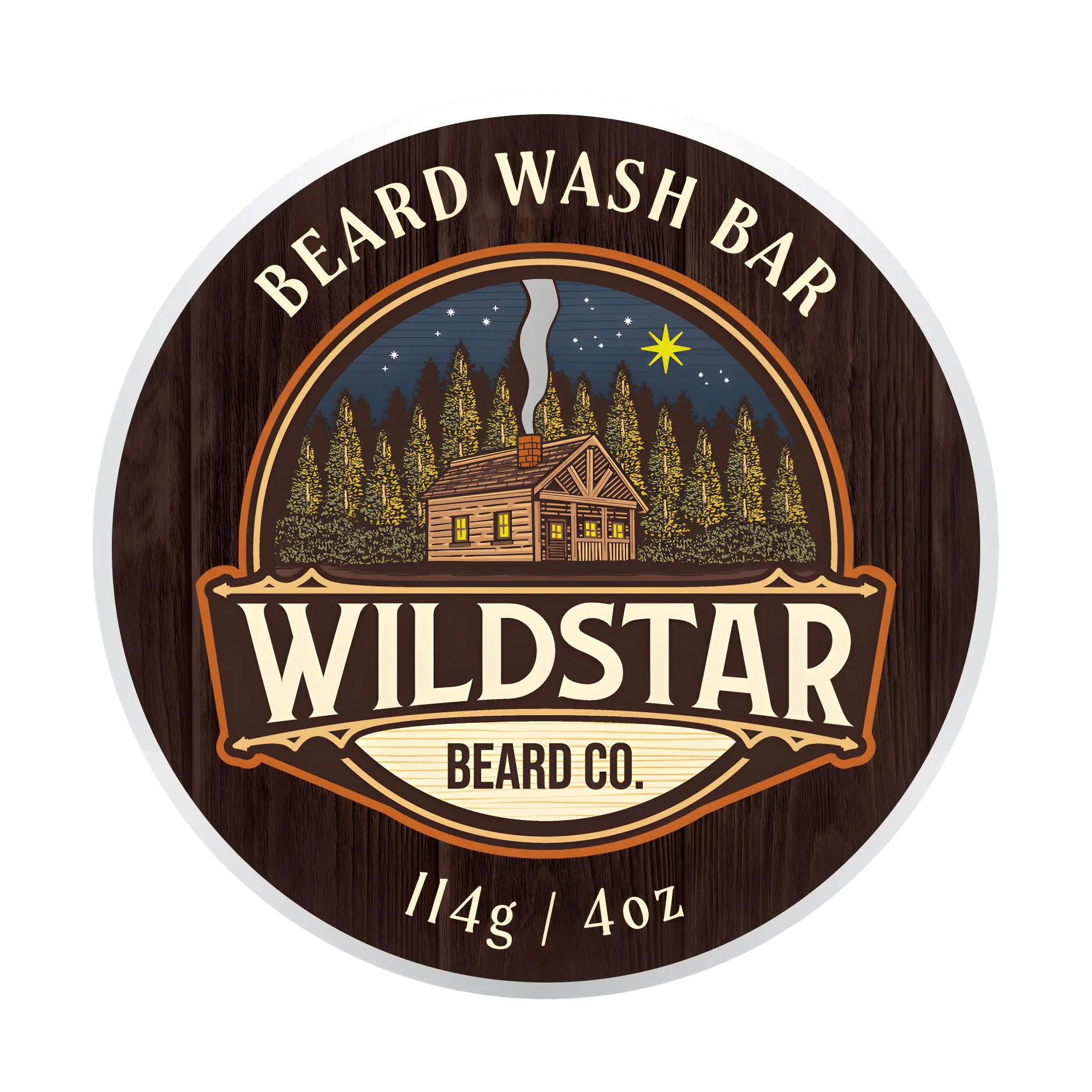 Wildstar Beard Co. beard wash bar packaging with cabin and forest design on a white background