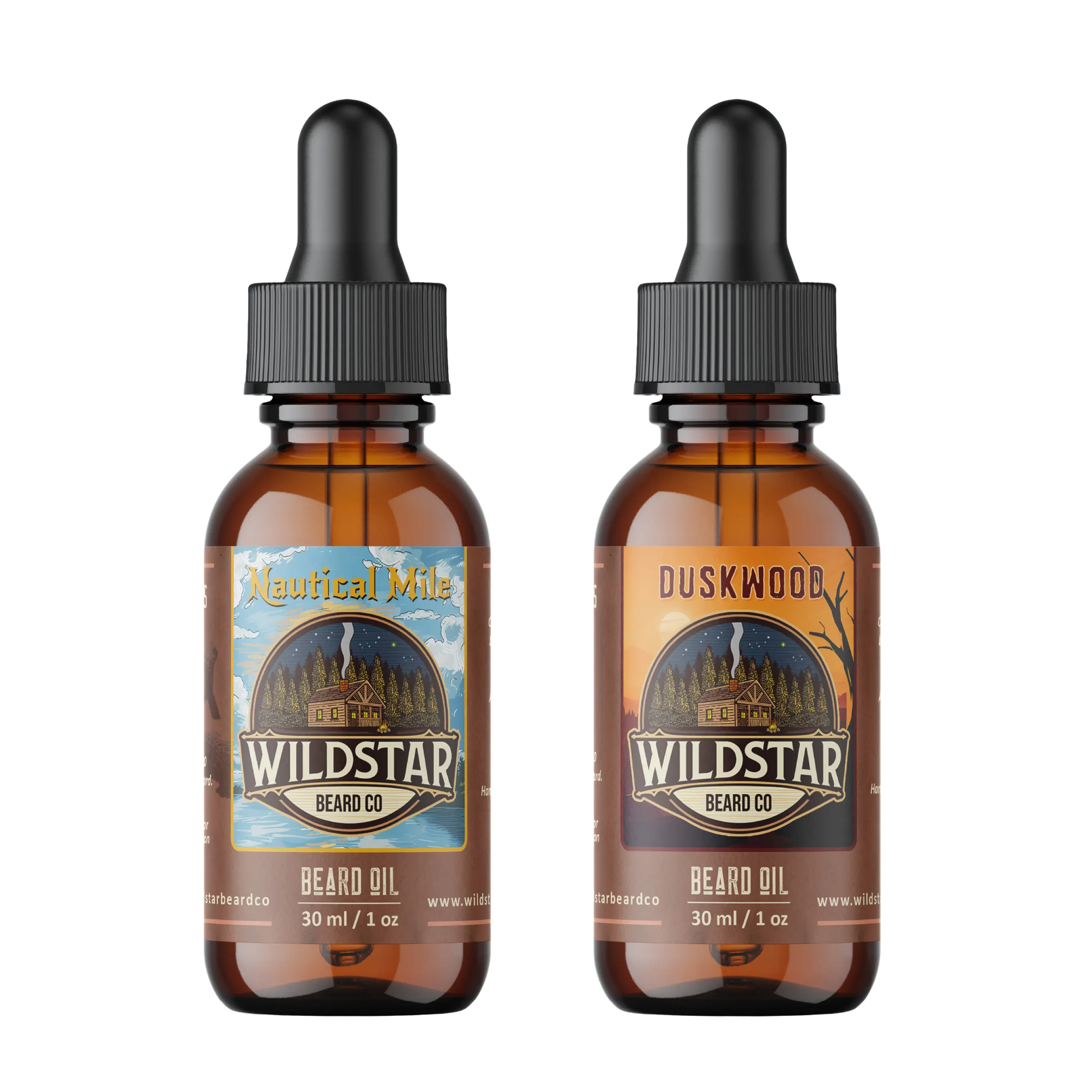 Two bottles of Wildstar Beard Co. beard oil with different scents on a white background